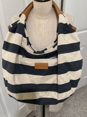 L.L. Bean Navy and Cream Striped Canvas Hobo Shoulder Bag